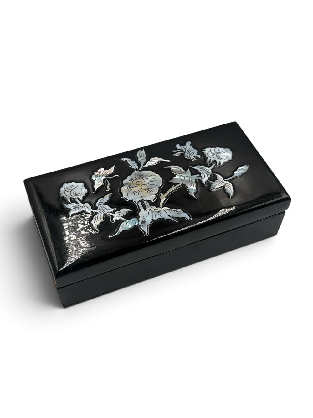 Vintage 1960s Black Lacquer Mother of Pearl Floral Jewelry Box Red Velvet Mirror